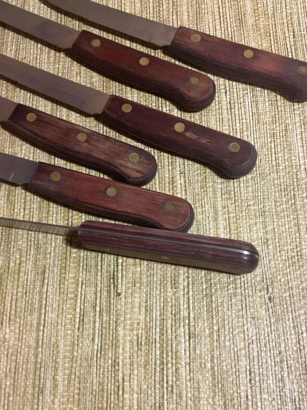 Vintage Serrated Brass & Wood Handle Steak Knife Set of 6